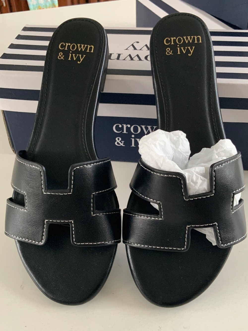 crown & ivy Black Open-Toe Slide Mules